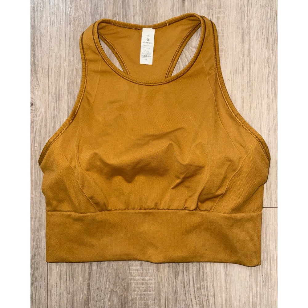Lululemon Ebb to Train Bra Copper Mustard Yellow High Neck Racerback Size 8